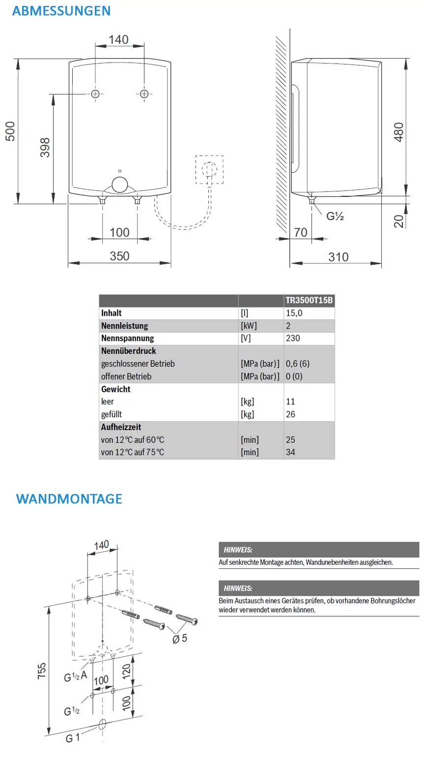 Weißer Wärmespeicher von Bosch, wandmontierbar, mit technischen Daten und Montagehinweisen. Maße und Anschlussdetails sind abgebildet.